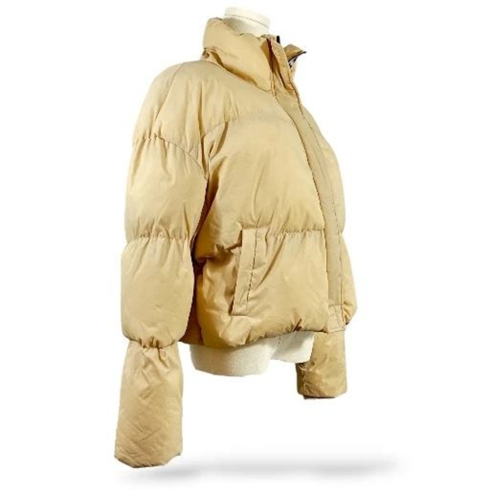 Boohoo Puffer Jacket Wms 8 Crop‎ Padded Quilted Insulated Funnel Neck Stone EUC